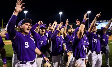 Kansas State baseball celebrates after winning Fayetteville Regional in 2024. (Photo by Austin Van Meter)