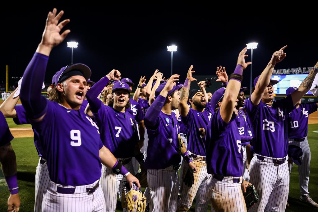 Kansas State baseball celebrates after winning Fayetteville Regional in 2024. (Photo by Austin Van Meter)