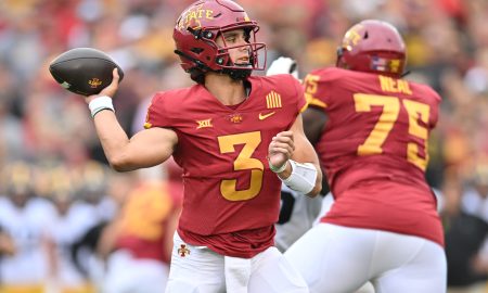 Sep 9, 2023; Ames, Iowa, USA; Iowa State Cyclones quarterback Rocco Becht (3) throws a pass against the Iowa Hawkeyes during the first quarter at Jack Trice Stadium. Mandatory Credit: Jeffrey Becker-USA TODAY Sports