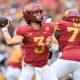 Sep 9, 2023; Ames, Iowa, USA; Iowa State Cyclones quarterback Rocco Becht (3) throws a pass against the Iowa Hawkeyes during the first quarter at Jack Trice Stadium. Mandatory Credit: Jeffrey Becker-USA TODAY Sports