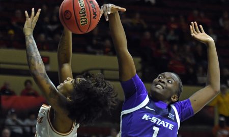 Texas guard Rori Harmon and Kansas State's Sarah Shematsi. (Scott D. Weaver/Big 12 Conference)