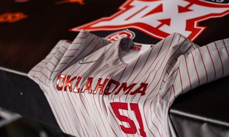 Oklahoma Sooners baseball jersey. (Big 12 photo by Tim Heitman)