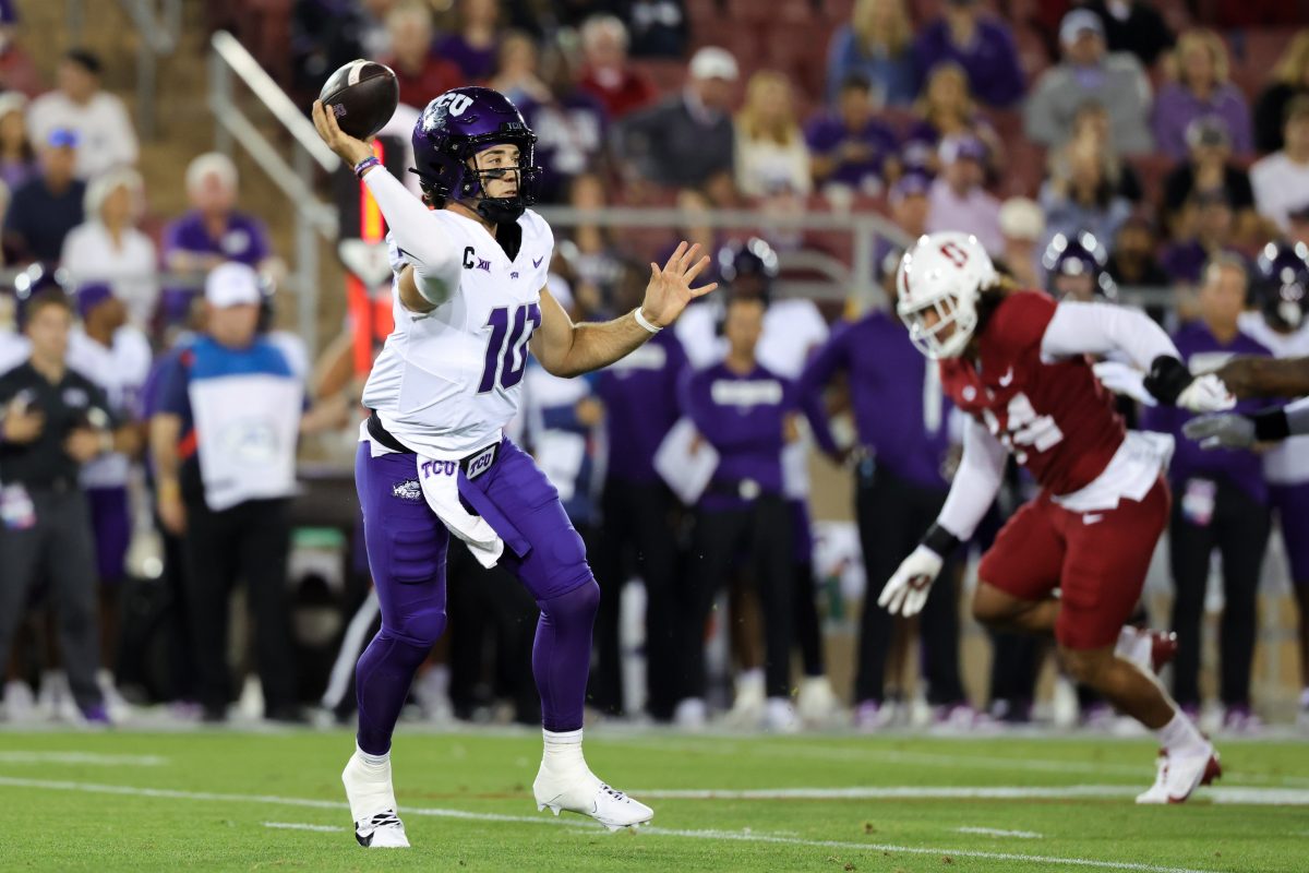 Aug 30, 2024; Stanford, California, USA; TCU Horned Frogs quarterback Josh Hoover (10) looks to pass the ball during the first quarter against the Stanford Cardinal at Stanford Stadium. Mandatory Credit: Sergio Estrada-USA TODAY Sports