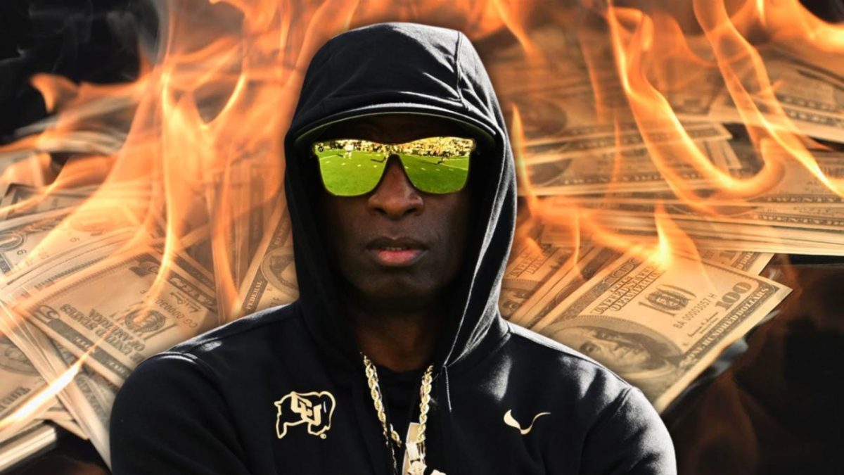 Deion Sanders with money burning behind him.