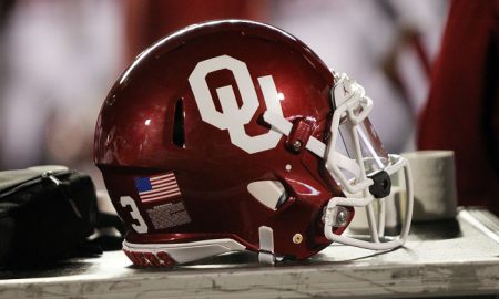 Nov 3, 2018; Lubbock, TX, USA; An Oklahoma Sooners helmet on the sidelines during the game against the Texas Tech Red Raiders at Jones AT&T Stadium. Mandatory Credit: Michael C. Johnson-USA TODAY Sports