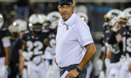 Sep 2, 2021; Orlando, Florida, USA; UCF Knights head coach Gus Malzahn looks on during warms up before the game against the Boise State Broncos at Bounce House. Mandatory Credit: Mike Watters-USA TODAY Sports