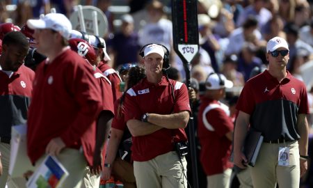 Oct 1, 2022; Fort Worth, Texas, USA; Oklahoma Sooners head coach Brent Venables reacts during the second half against the TCU Horned Frogs at Amon G. Carter Stadium. Mandatory Credit: Kevin Jairaj-USA TODAY Sports