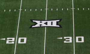 Oct 22, 2022; Lubbock, Texas, USA; A general view of the Big 12 Logo on the field before the game between the West Virginia Mountaineers and the Texas Tech Red Raiders at Jones AT&T Stadium and Cody Campbell Field. Mandatory Credit: Michael C. Johnson-USA TODAY Sports