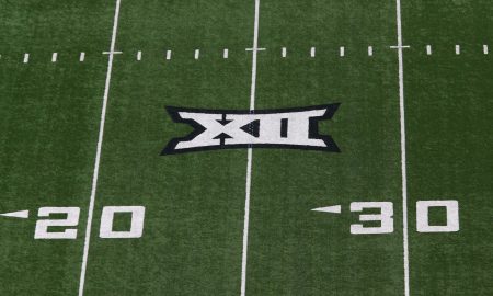 Oct 22, 2022; Lubbock, Texas, USA; A general view of the Big 12 Logo on the field before the game between the West Virginia Mountaineers and the Texas Tech Red Raiders at Jones AT&T Stadium and Cody Campbell Field. Mandatory Credit: Michael C. Johnson-USA TODAY Sports