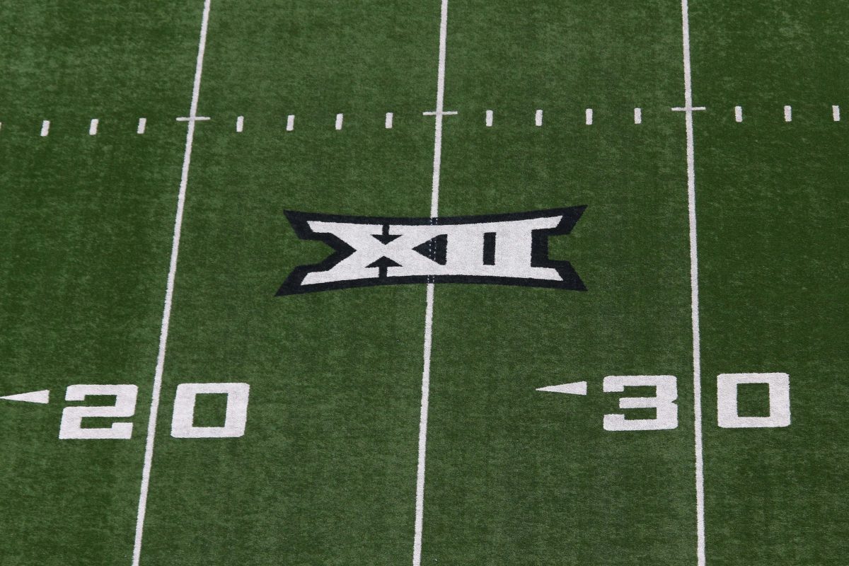 Oct 22, 2022; Lubbock, Texas, USA; A general view of the Big 12 Logo on the field before the game between the West Virginia Mountaineers and the Texas Tech Red Raiders at Jones AT&T Stadium and Cody Campbell Field. Mandatory Credit: Michael C. Johnson-USA TODAY Sports