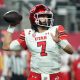 Dec 2, 2022; Las Vegas, NV, USA; Utah Utes quarterback Cameron Rising (7) throws the ball against the Southern California Trojans in the first half of the Pac-12 Championship at Allegiant Stadium. Mandatory Credit: Kirby Lee-USA TODAY Sports