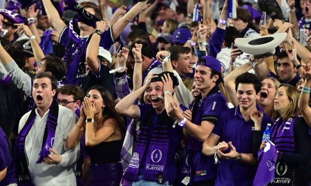 Dec 31, 2022; Glendale, Arizona, USA; TCU Horned Frogs fans react in the third quarter against the Michigan Wolverines in the 2022 Fiesta Bowl at State Farm Stadium. Mandatory Credit: Matt Kartozian-USA TODAY Sports