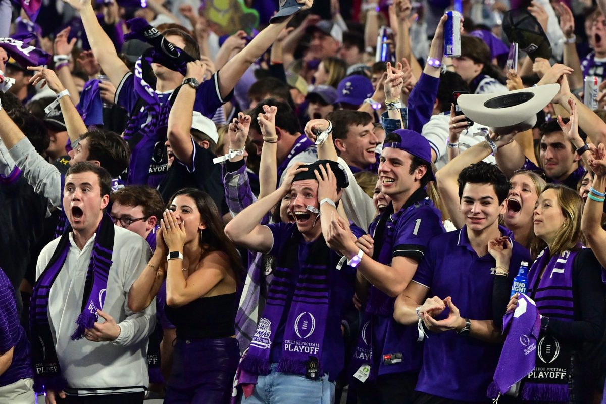 Dec 31, 2022; Glendale, Arizona, USA; TCU Horned Frogs fans react in the third quarter against the Michigan Wolverines in the 2022 Fiesta Bowl at State Farm Stadium. Mandatory Credit: Matt Kartozian-USA TODAY Sports