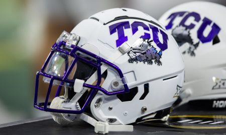 Dec 31, 2022; Glendale, Arizona, USA; Detailed view of a Texas Christian Horned Frogs helmet during the 2022 Fiesta Bowl at State Farm Stadium. Mandatory Credit: Mark J. Rebilas-USA TODAY Sports