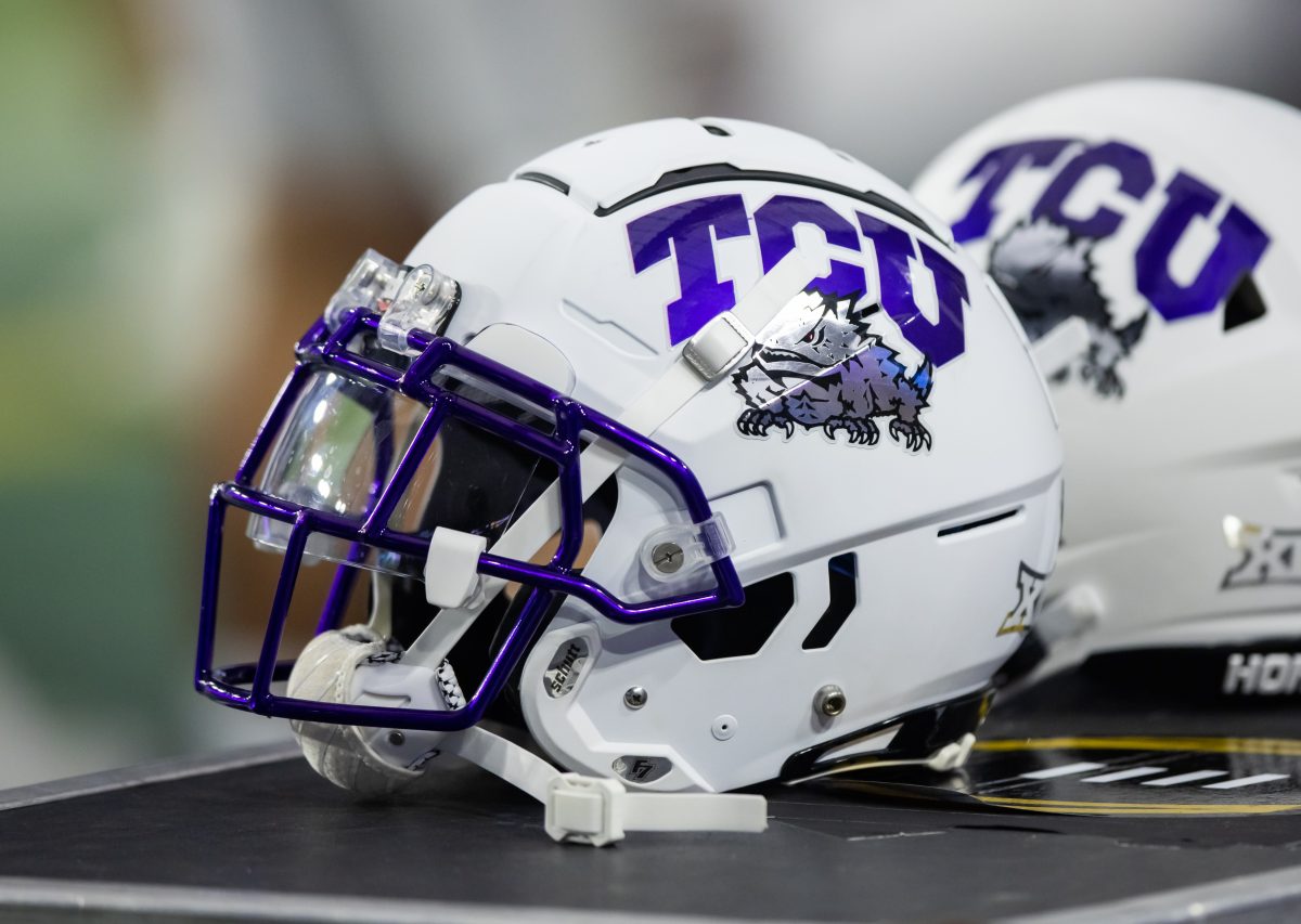 Dec 31, 2022; Glendale, Arizona, USA; Detailed view of a Texas Christian Horned Frogs helmet during the 2022 Fiesta Bowl at State Farm Stadium. Mandatory Credit: Mark J. Rebilas-USA TODAY Sports