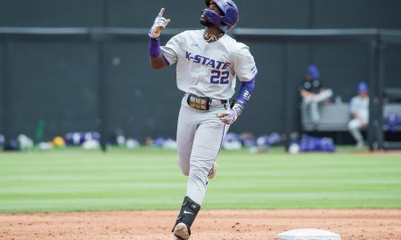 May 13, 2023; Stillwater, OK, USA; Kansas State Wildcats infielder Kaelen Culpepper (22) points up after hitting a home run during the game against the Oklahoma State Cowboys at O'Brate Stadium. Mandatory Credit: Brett Rojo-USA TODAY Sports