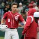 John Spikerman is greeted after a score as the University of Oklahoma Sooners (OU) play the Oklahoma State Cowboys (OSU) in Bedlam baseball on May 19, 2023 at L Dale Mitchell Park in Norman, Okla. [Steve Sisney/For The Oklahoman]