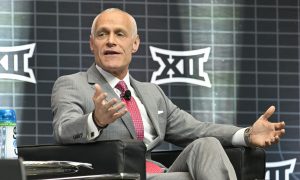 Jul 12, 2023; Arlington, TX, USA; Big 12 Commissioner Brett Yormark speaks to the press during Big 12 football media day at AT&T Stadium. Mandatory Credit: Jerome Miron-USA TODAY Sports