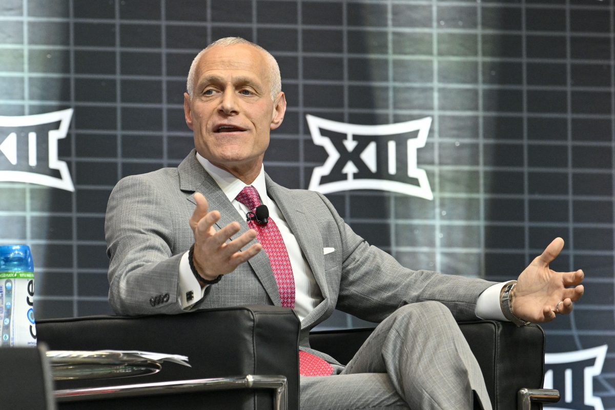 Jul 12, 2023; Arlington, TX, USA; Big 12 Commissioner Brett Yormark speaks to the press during Big 12 football media day at AT&T Stadium. Mandatory Credit: Jerome Miron-USA TODAY Sports