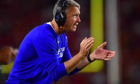 Aug 26, 2023; Los Angeles, California, USA; San Jose State Spartans head coach Brent Brennan watches game action against the Southern California Trojans during the second half at Los Angeles Memorial Coliseum. Mandatory Credit: Gary A. Vasquez-USA TODAY Sports