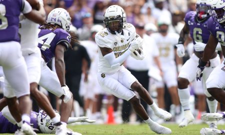 Sep 2, 2023; Fort Worth, Texas, USA; Colorado Buffaloes wide receiver Travis Hunter (12) runs after catching a ball in the first half against the TCU Horned Frogs at Amon G. Carter Stadium. Mandatory Credit: Tim Heitman-USA TODAY Sports