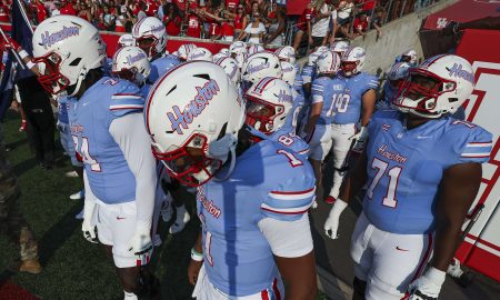 Sep 2, 2023; Houston, Texas, USA; Houston Cougars players prepare to take the field before the game against the UTSA Roadrunners at TDECU Stadium. Mandatory Credit: Troy Taormina-USA TODAY Sports