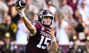 Sep 23, 2023; College Station, Texas, USA; Texas A&M Aggies quarterback Conner Weigman (15) throws the ball during the second quarter against the Auburn Tigers at Kyle Field. Mandatory Credit: Maria Lysaker-USA TODAY Sports