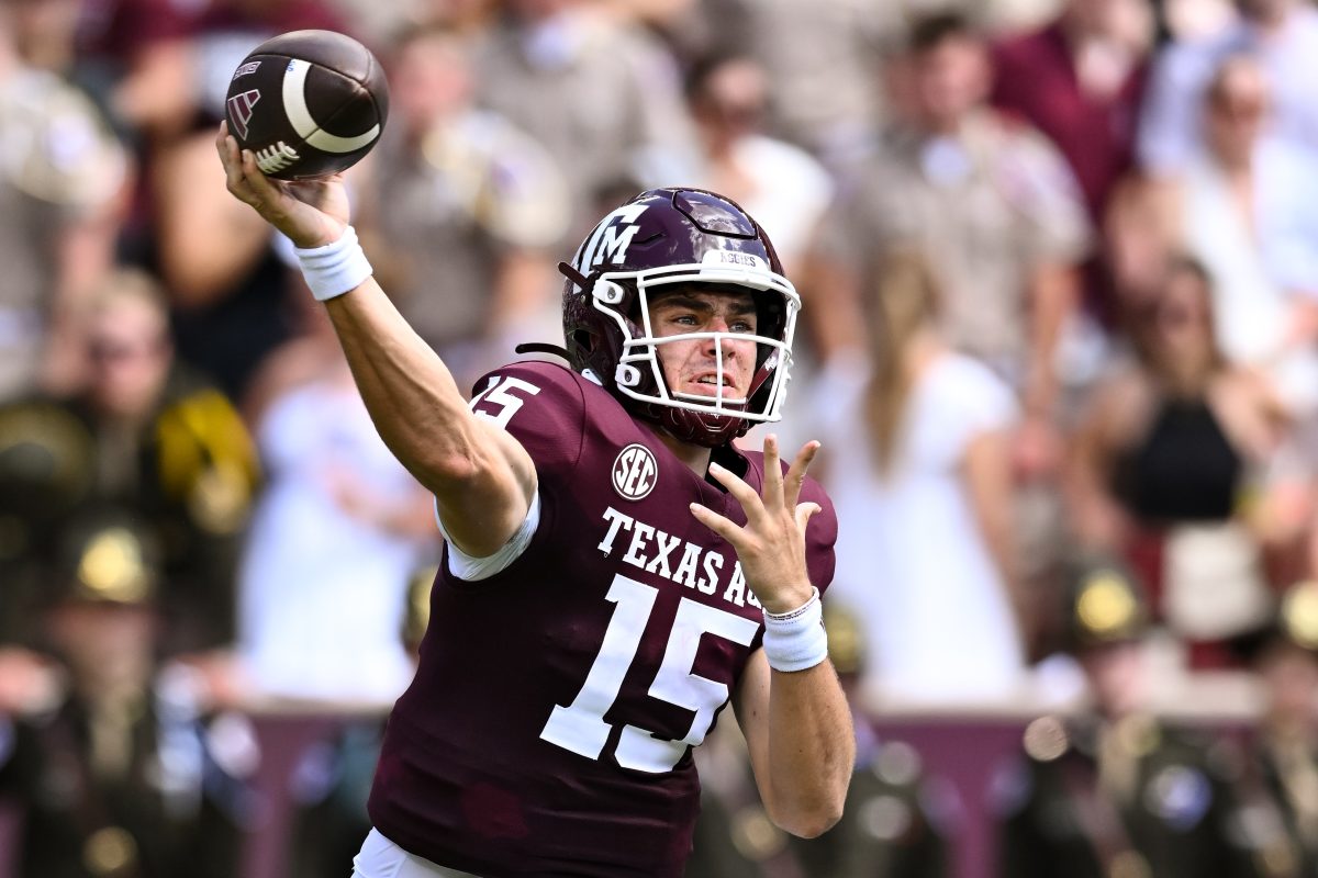 Sep 23, 2023; College Station, Texas, USA; Texas A&M Aggies quarterback Conner Weigman (15) throws the ball during the second quarter against the Auburn Tigers at Kyle Field. Mandatory Credit: Maria Lysaker-USA TODAY Sports