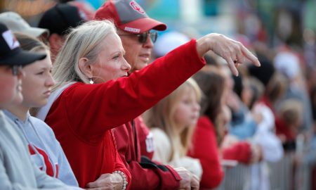 Pala Yanik of Yukon gives the Horns Down before the Red River Rivalry college football game between the University of Oklahoma Sooners (OU) and the University of Texas (UT) Longhorns at the Cotton Bowl in Dallas, Saturday, Oct. 7, 2023.