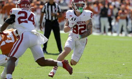 Oklahoma Sooners wide receiver Gavin Freeman (82) runs during the Red River Rivalry college football game between the University of Oklahoma Sooners (OU) and the University of Texas (UT) Longhorns at the Cotton Bowl in Dallas, Saturday, Oct. 7, 2023. Oklahoma won 34-30.