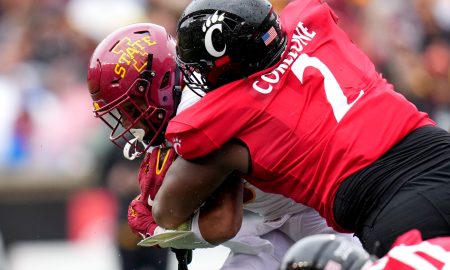 Cincinnati Bearcats defensive lineman Dontay Corleone (2) tackles Iowa State Cyclones running back Eli Sanders (6) in the fourth quarter during a college football game between the Iowa State Cyclones and the Cincinnati Bearcats Saturday, Oct. 14, 2023, at Nippert Stadium win Cincinnati. The Iowa State Cyclones won, 30-10.