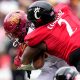 Cincinnati Bearcats defensive lineman Dontay Corleone (2) tackles Iowa State Cyclones running back Eli Sanders (6) in the fourth quarter during a college football game between the Iowa State Cyclones and the Cincinnati Bearcats Saturday, Oct. 14, 2023, at Nippert Stadium win Cincinnati. The Iowa State Cyclones won, 30-10.