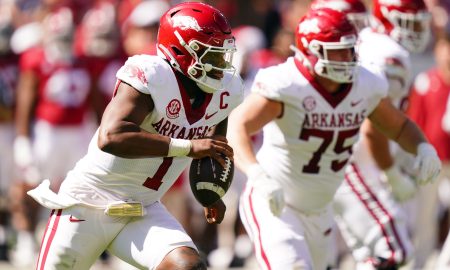 Oct 14, 2023; Tuscaloosa, Alabama, USA; Arkansas Razorbacks quarterback KJ Jefferson (1) rolls out during the fourth quarter against the Alabama Crimson Tide at Bryant-Denny Stadium. Mandatory Credit: John David Mercer-USA TODAY Sports