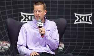 Oct 17, Kansas City, MO, USA; Texas Christian University head coach Mark Campbell answers questions at the Big 12 Womens Basketball Tipoff at T-Mobile Center. Mandatory Credit: Kylie Graham-USA TODAY Sports