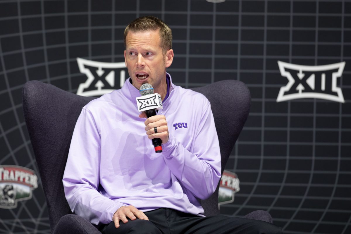 Oct 17, Kansas City, MO, USA; Texas Christian University head coach Mark Campbell answers questions at the Big 12 Womens Basketball Tipoff at T-Mobile Center. Mandatory Credit: Kylie Graham-USA TODAY Sports