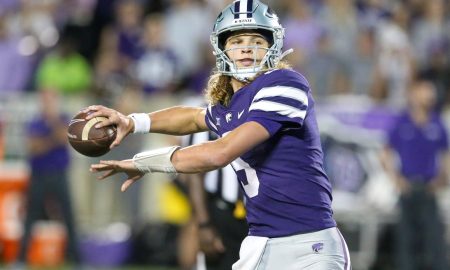 Oct 21, 2023; Manhattan, Kansas, USA; Kansas State Wildcats quarterback Avery Johnson (5) drops back to pass during the first quarter against the TCU Horned Frogs at Bill Snyder Family Football Stadium. Mandatory Credit: Scott Sewell-USA TODAY Sports