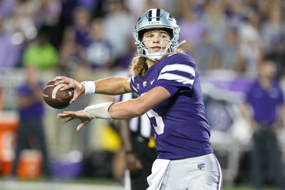 Oct 21, 2023; Manhattan, Kansas, USA; Kansas State Wildcats quarterback Avery Johnson (5) drops back to pass during the first quarter against the TCU Horned Frogs at Bill Snyder Family Football Stadium. Mandatory Credit: Scott Sewell-USA TODAY Sports