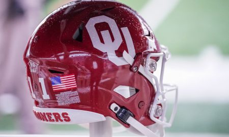 Oct 28, 2023; Lawrence, Kansas, USA; A general view of an Oklahoma Sooners helmet against the Kansas Jayhawks during the first half at David Booth Kansas Memorial Stadium. Mandatory Credit: Denny Medley-USA TODAY Sports