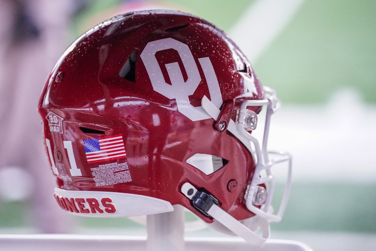 Oct 28, 2023; Lawrence, Kansas, USA; A general view of an Oklahoma Sooners helmet against the Kansas Jayhawks during the first half at David Booth Kansas Memorial Stadium. Mandatory Credit: Denny Medley-USA TODAY Sports