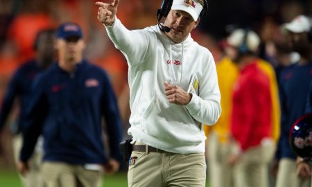 Mississippi Rebels head coach Lane Kiffin celebrates a pass interference call as Auburn Tigers take on Mississippi Rebels at Jordan-Hare Stadium in Auburn, Ala., on Saturday, Oct. 21, 2023. Mississippi Rebels defeated Auburn Tigers 28-21.