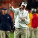 Mississippi Rebels head coach Lane Kiffin celebrates a pass interference call as Auburn Tigers take on Mississippi Rebels at Jordan-Hare Stadium in Auburn, Ala., on Saturday, Oct. 21, 2023. Mississippi Rebels defeated Auburn Tigers 28-21.