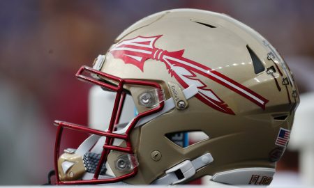 Nov 4, 2023; Pittsburgh, Pennsylvania, USA; A Florida State Seminoles helmet on the sidelines against the Pittsburgh Panthers during the second quarter at Acrisure Stadium. Mandatory Credit: Charles LeClaire-USA TODAY Sports