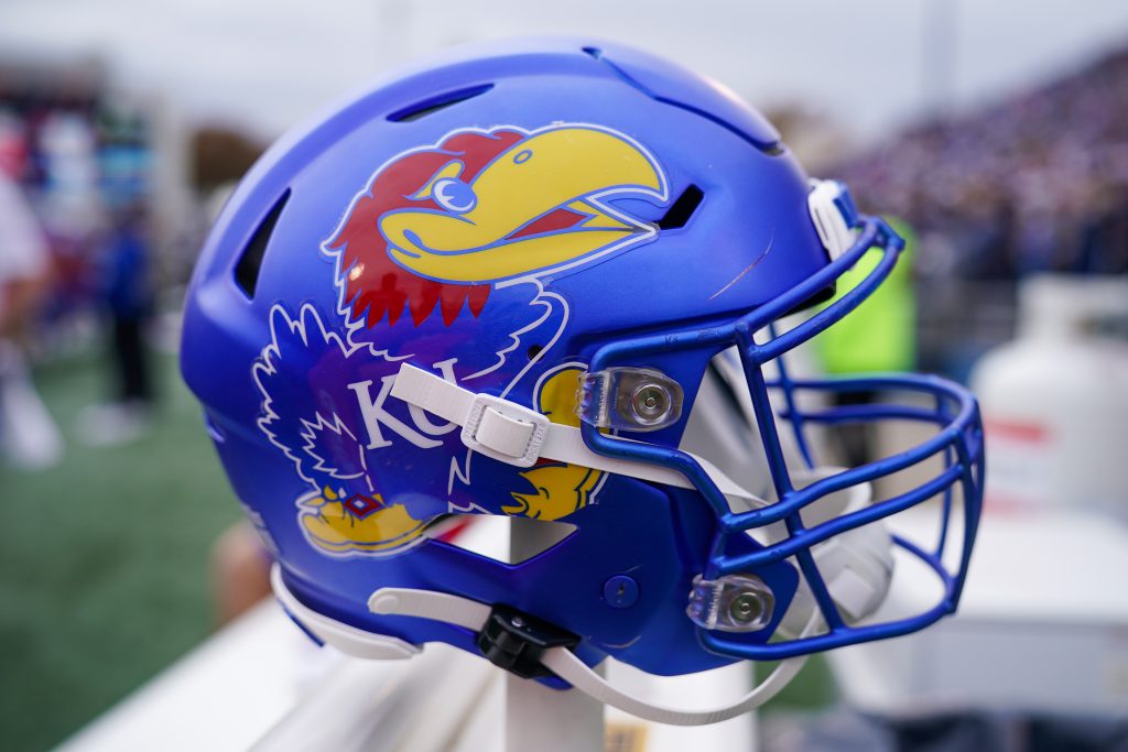 Nov 11, 2023; Lawrence, Kansas, USA; A general view of a Kansas Jayhawks helmet during a game against the Texas Tech Red Raiders at David Booth Kansas Memorial Stadium. Mandatory Credit: Denny Medley-USA TODAY Sports