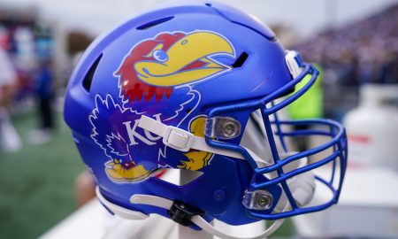 Nov 11, 2023; Lawrence, Kansas, USA; A general view of a Kansas Jayhawks helmet during a game against the Texas Tech Red Raiders at David Booth Kansas Memorial Stadium. Mandatory Credit: Denny Medley-USA TODAY Sports