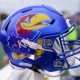 Nov 11, 2023; Lawrence, Kansas, USA; A general view of a Kansas Jayhawks helmet during a game against the Texas Tech Red Raiders at David Booth Kansas Memorial Stadium. Mandatory Credit: Denny Medley-USA TODAY Sports