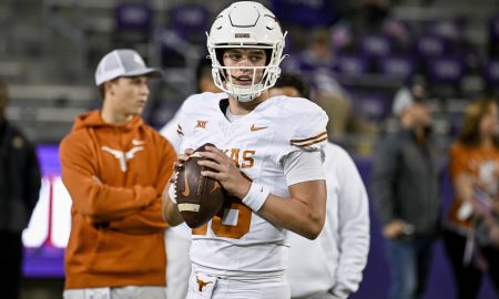 Nov 11, 2023; Fort Worth, Texas, USA; Texas Longhorns quarterback Arch Manning (16) warms up before the game between the TCU Horned Frogs and the Texas Longhorns at Amon G. Carter Stadium. Mandatory Credit: Jerome Miron-USA TODAY Sports