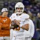 Nov 11, 2023; Fort Worth, Texas, USA; Texas Longhorns quarterback Arch Manning (16) warms up before the game between the TCU Horned Frogs and the Texas Longhorns at Amon G. Carter Stadium. Mandatory Credit: Jerome Miron-USA TODAY Sports