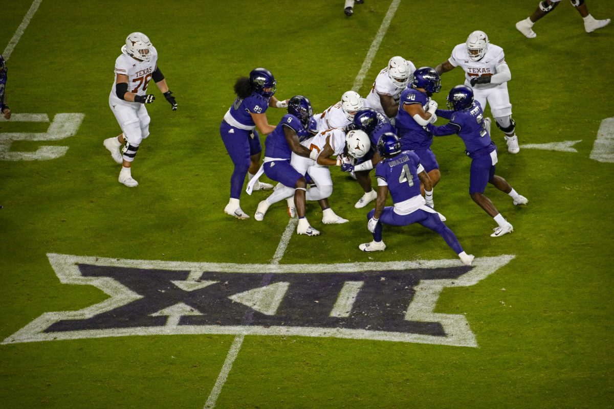 Nov 11, 2023; Fort Worth, Texas, USA; A view of the big 12 logo during the game between the TCU Horned Frogs and the Texas Longhorns at Amon G. Carter Stadium. Mandatory Credit: Jerome Miron-USA TODAY Sports