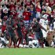 Oklahoma celebrates a goal line defensive stop in the first half of a college football game between the University of Oklahoma Sooners and the West Virginia Mountaineers at Gaylord Family-Oklahoma Memorial Stadium in Norman, Okla., Saturday, Nov., 11, 2023.