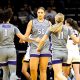 Kansas State center Ayoka Lee (50) is greeted by teammates Zyanna Walker, left, and Taryn Sides during NCAA women's basketball game against Iowa, Thursday, Nov. 16, 2023, at Carver-Hawkeye Arena in Iowa City, Iowa.